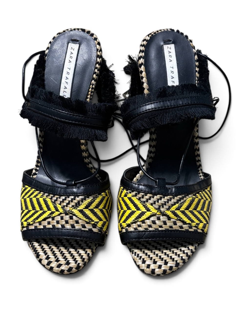 Zara Yellow & Black Woven Fringe Lace-Up Heels